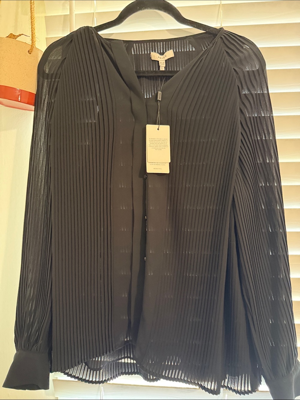 Reiss Black Pleated V-Neck Blouse